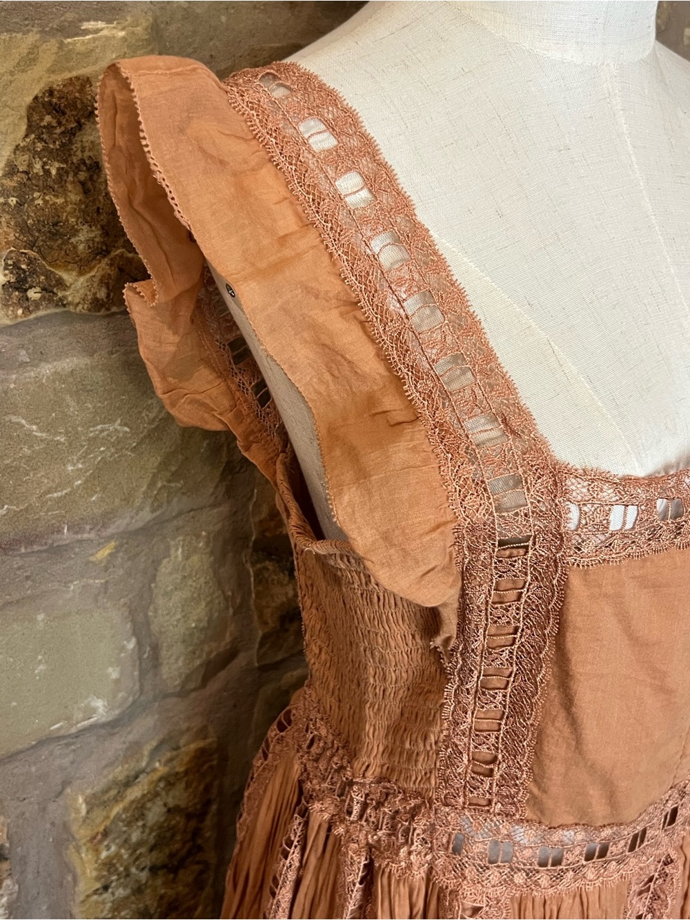 Free People NWT Camel Lace Trim Mini Dress Size L Boho Cottagecore Festival - Picture 2 of 7